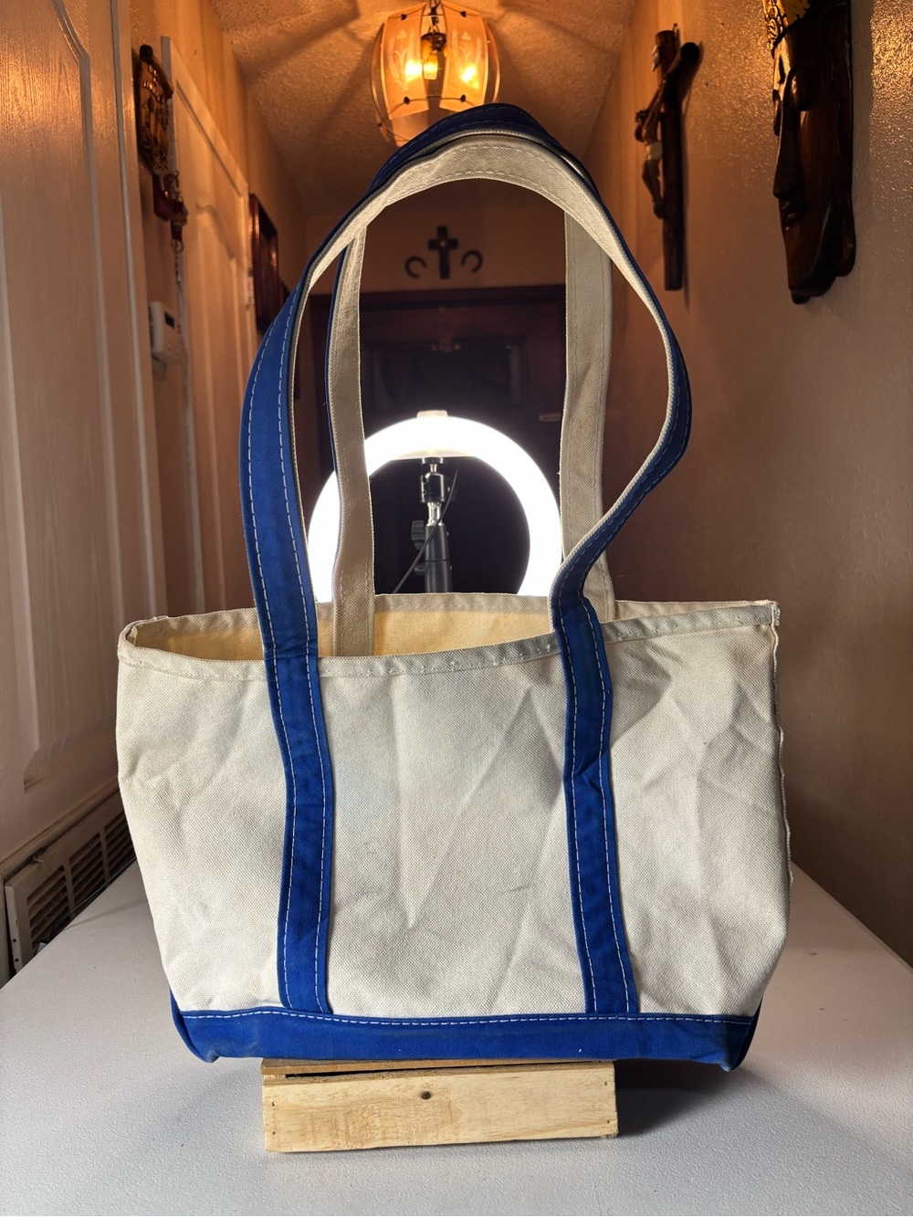 Vintage LL Bean Boat & Tote Canvas Bag Crinkle Tag, Blue Trim